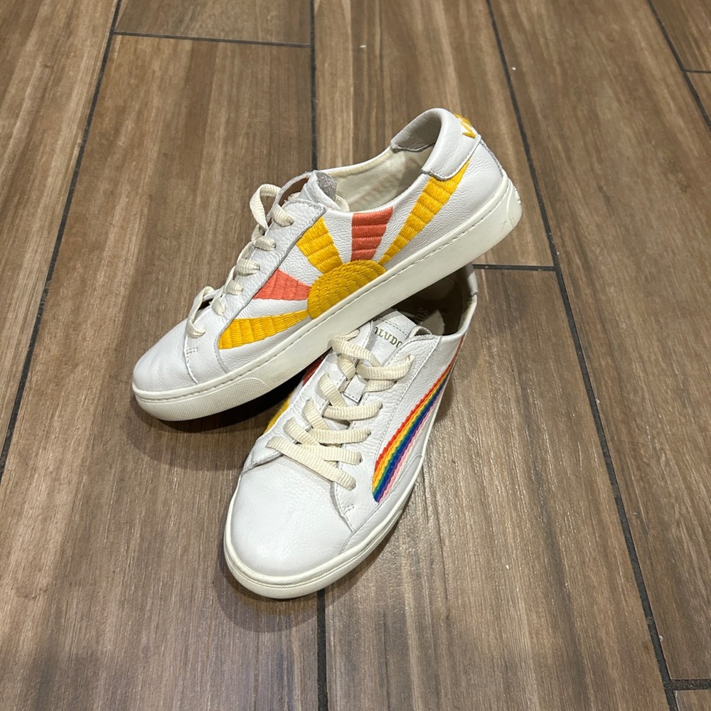 Soludos Leather Sneakers with Rainbow & Sun Embroidery